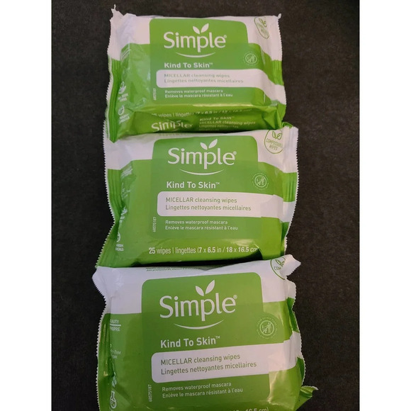 Lot of 3 Unscented Simple Kind to Skin Micellar Makeup Remover Wipes 75ct (B10) - Picture 1 of 4